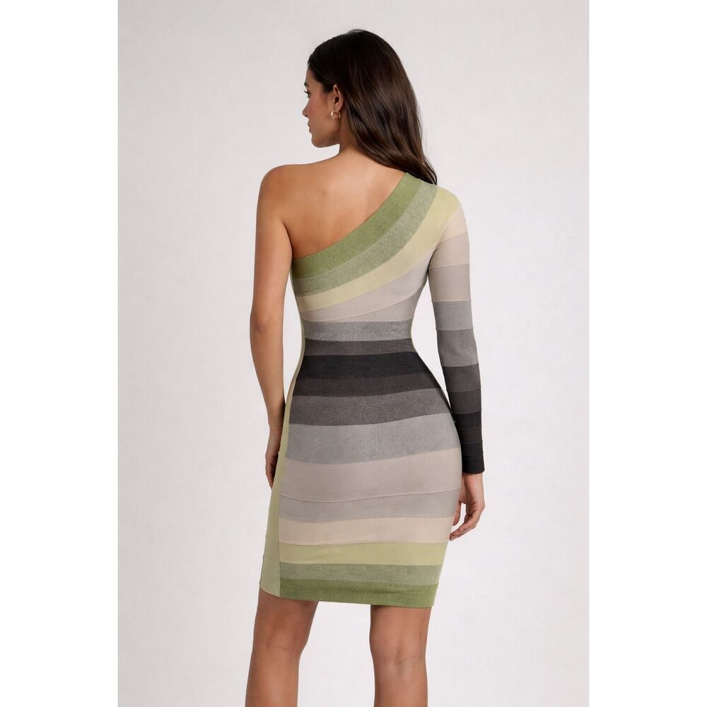 Hervé Léger Arabella One-Shoulder Bandage Bodycon Dress Green Ombré Size S - Picture 2 of 12